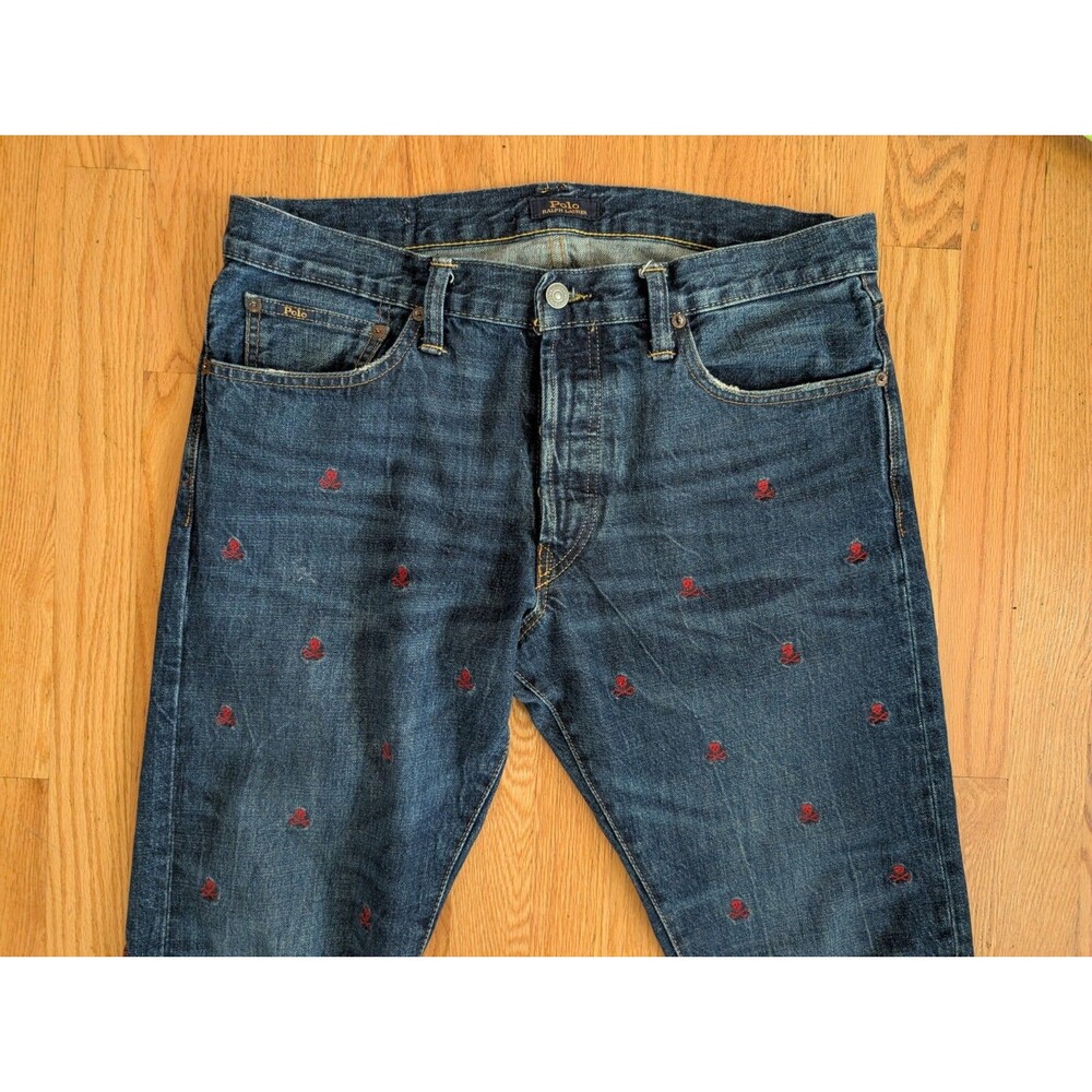 Polo Ralph Lauren Blue Sullivan Slim Skull Crossbones Embroidered Jeans 34x30
